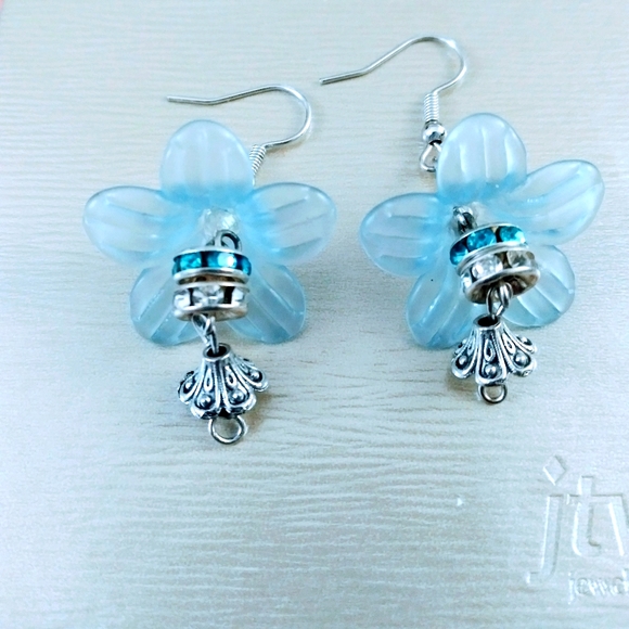 Sterling and Blue Flower Drop Earrings - Picture 1 of 4